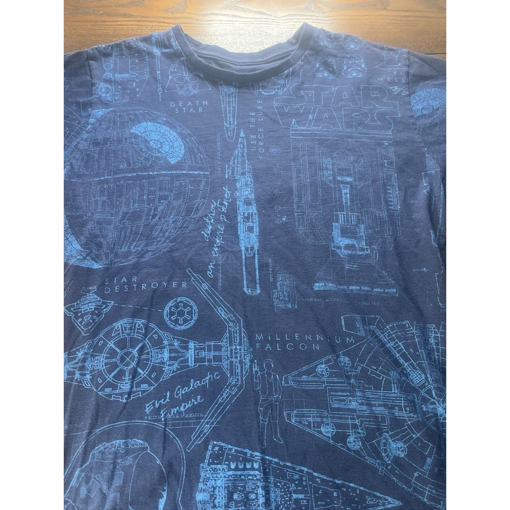 Star Wars Death Star Star Destroyer Falcon AOP Blue T-shirt Mens Medium